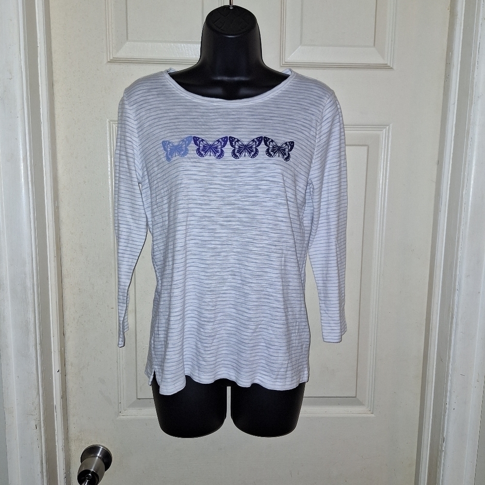 Talbott striped 3/4 sleeve butterfly print shirt size XS
